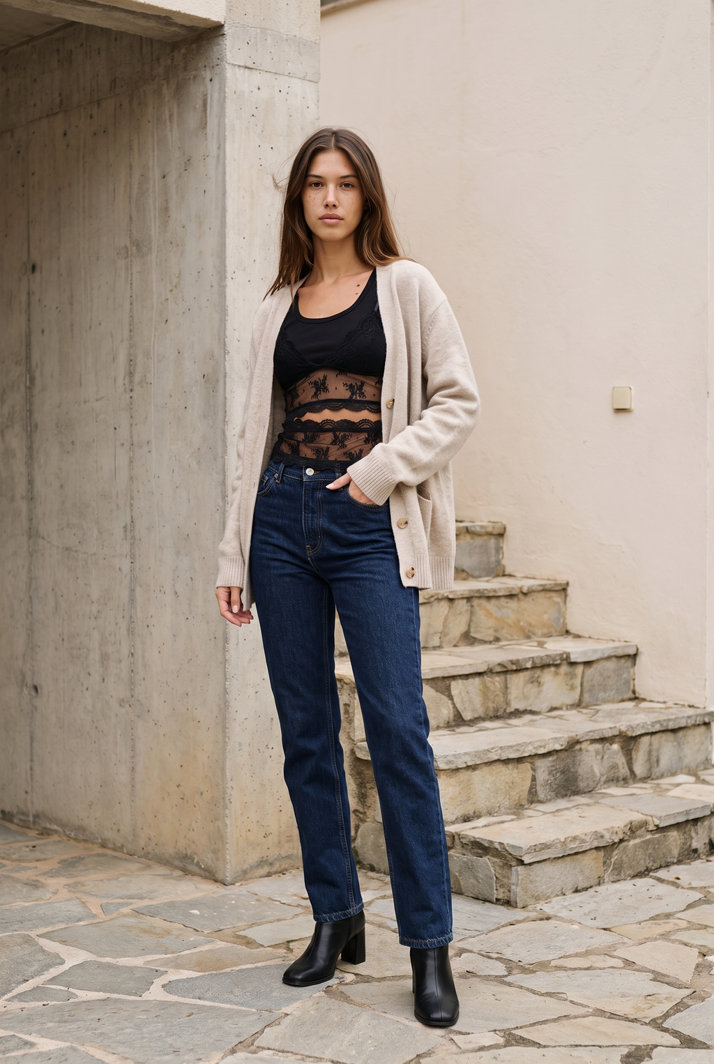 Sheer Lace V-Neck Bralette in black, layered under an open cardigan with jeans