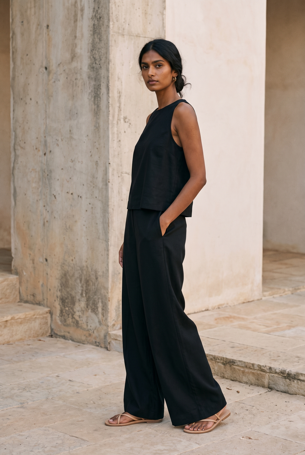 Wide Leg Two-Piece Lounge Set in black, full length