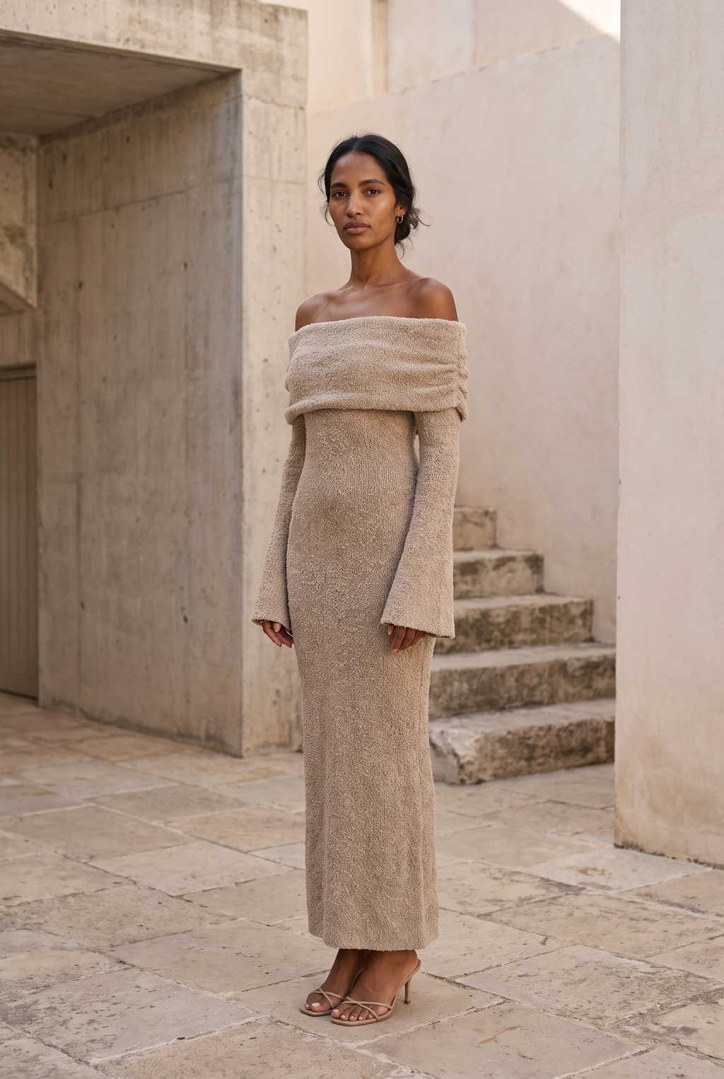Off-Shoulder Knitted Maxi Dress in taupe boucle knit, full length