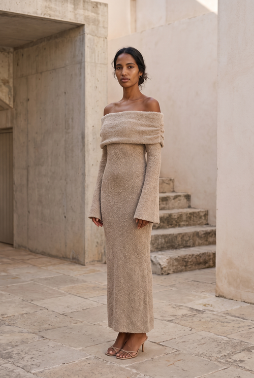 Off-Shoulder Knitted Maxi Dress in taupe boucle knit, full length