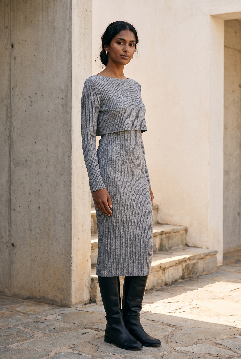 Ribbed Knit Midi Dress and Crop Top Set in grey, worn with black boots
