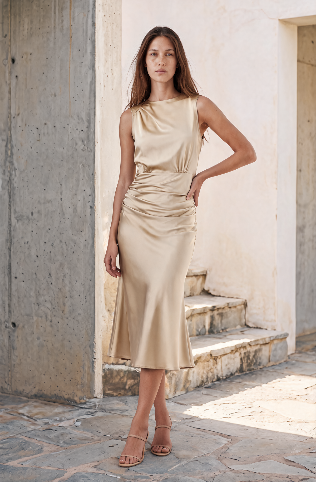 Satin Ruched Midi Dress Bertter