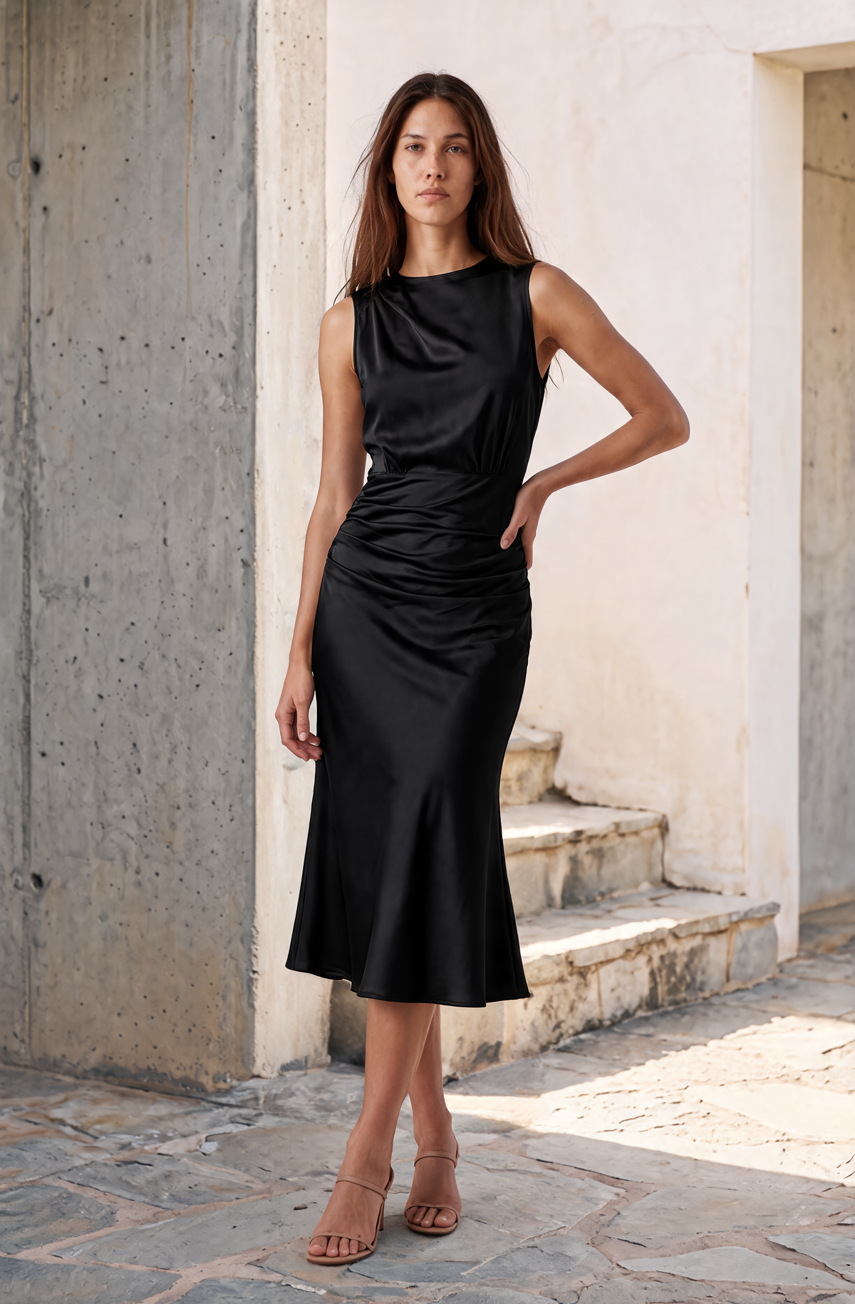 Satin Ruched Midi Dress Bertter