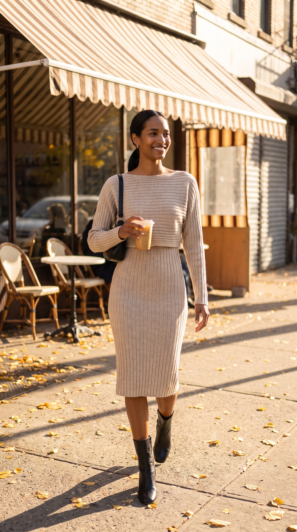 Ribbed Knit Midi Dress and Crop Top Set in beige, worn with ankle boots outside a cafe