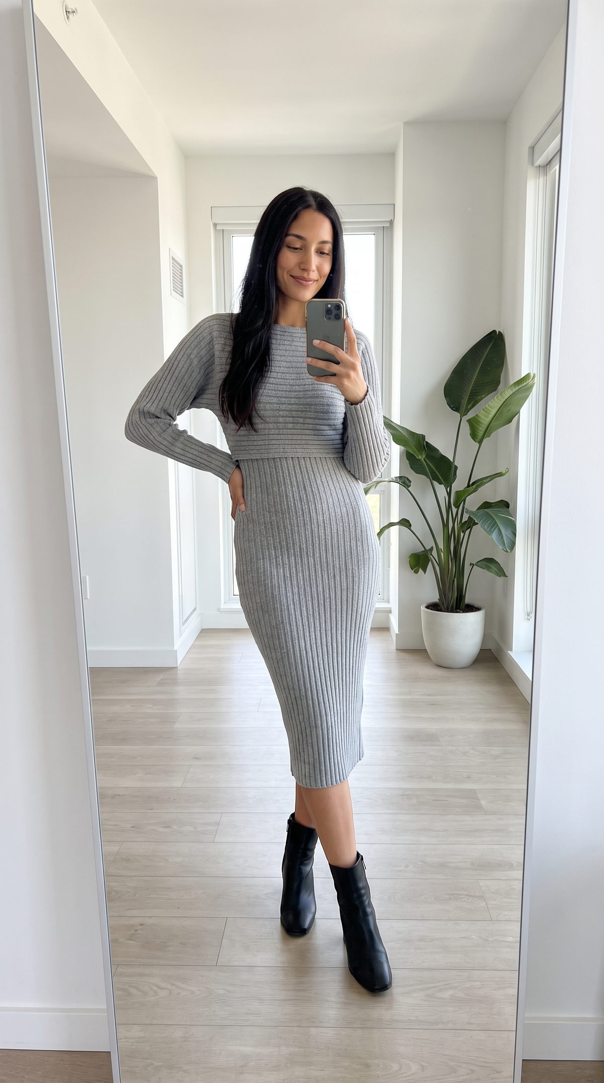 Ribbed Knit Midi Dress and Crop Top Set in grey, mirror view