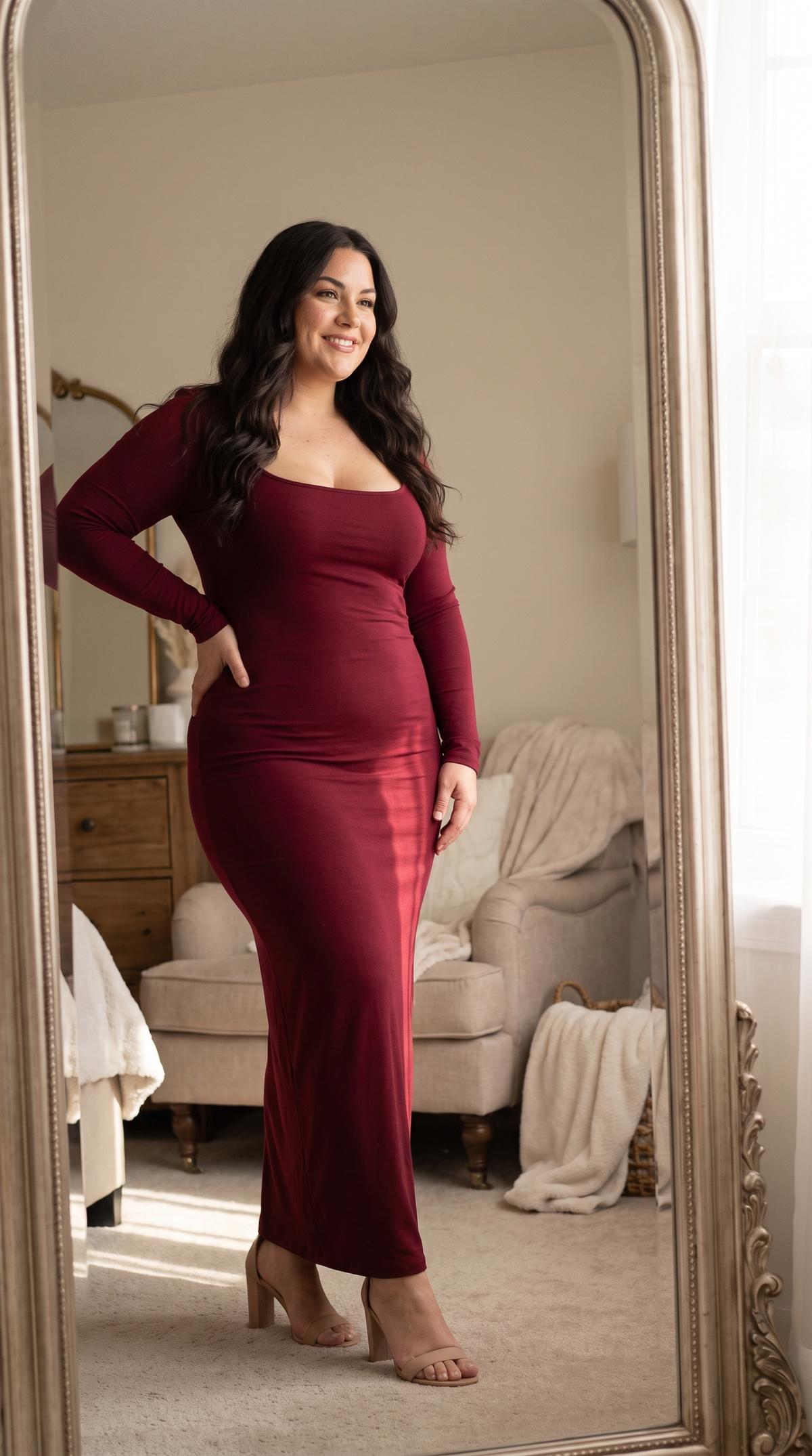 Long-Sleeve Scoop-Neck Maxi Dress in red on a curvy model, side view