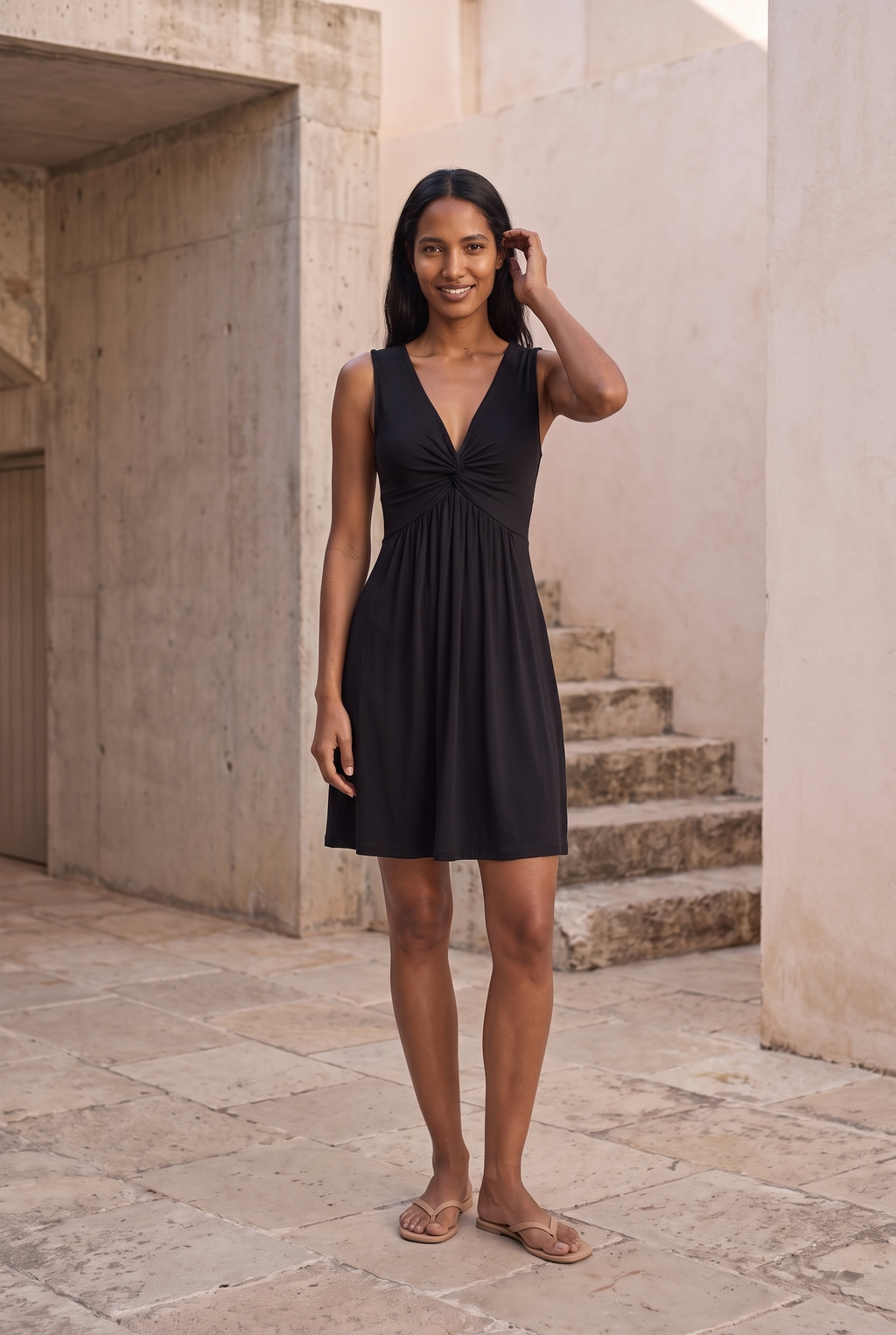 Twist-Front V-Neck Mini Dress in black, full length, in a sunlit stone courtyard