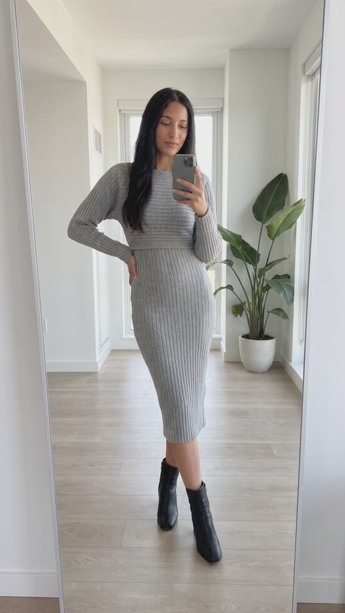 Video of the grey Ribbed Knit Set seen in a mirror, turning to show the fit