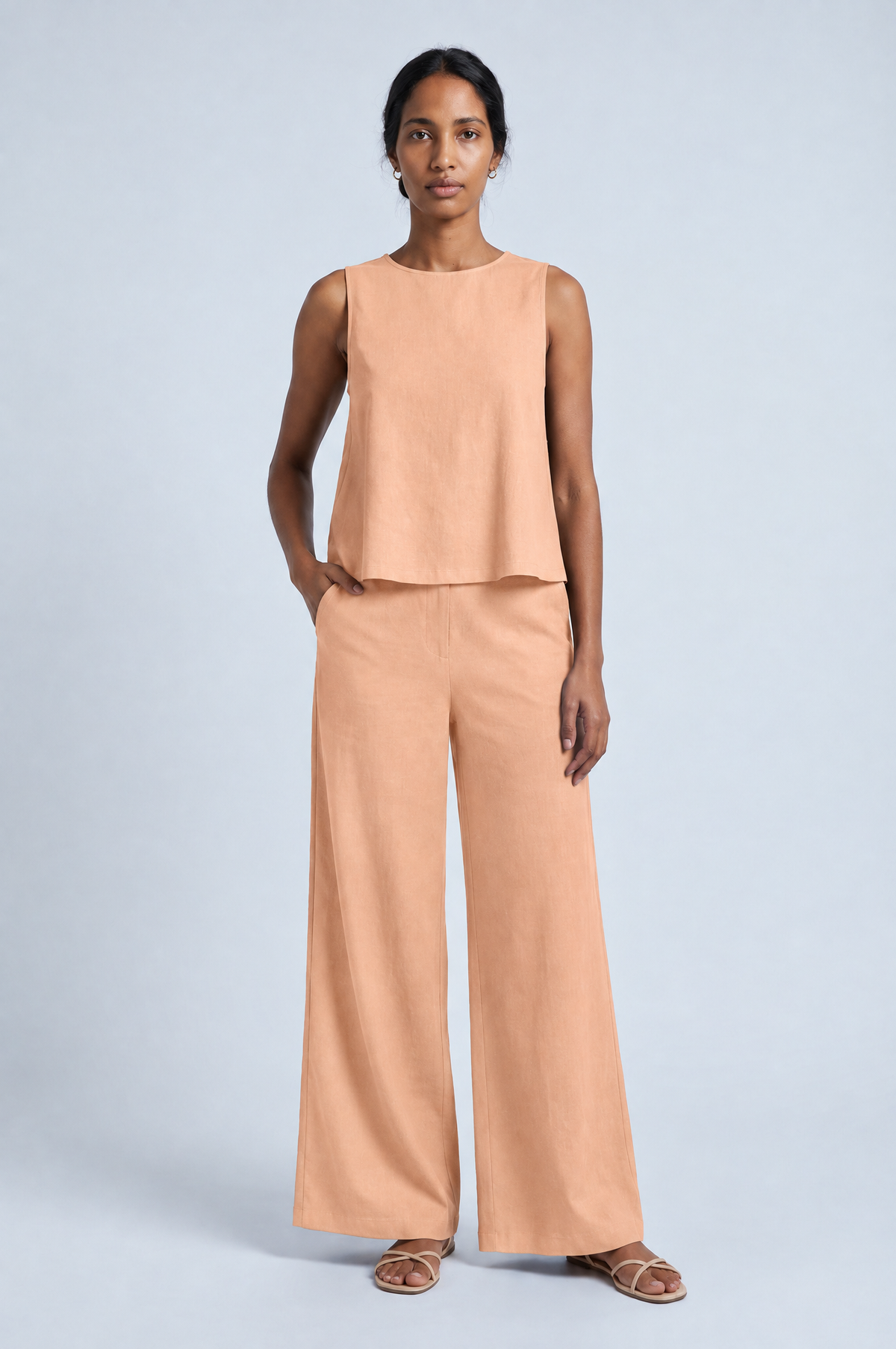 Wide Leg Two-Piece Lounge Set in apricot, studio front view, full length