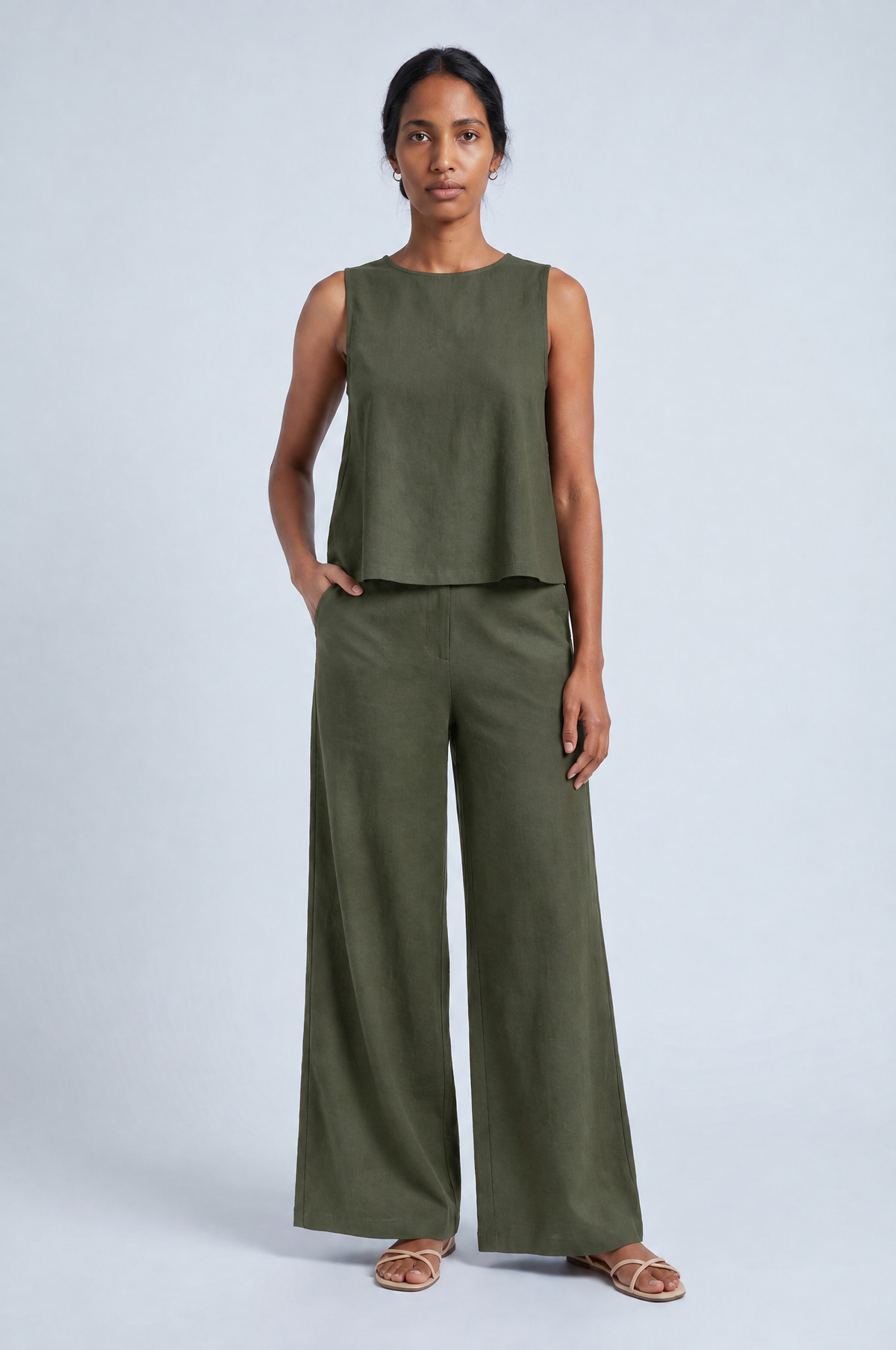 Wide Leg Two-Piece Lounge Set in army green, studio front view, full length