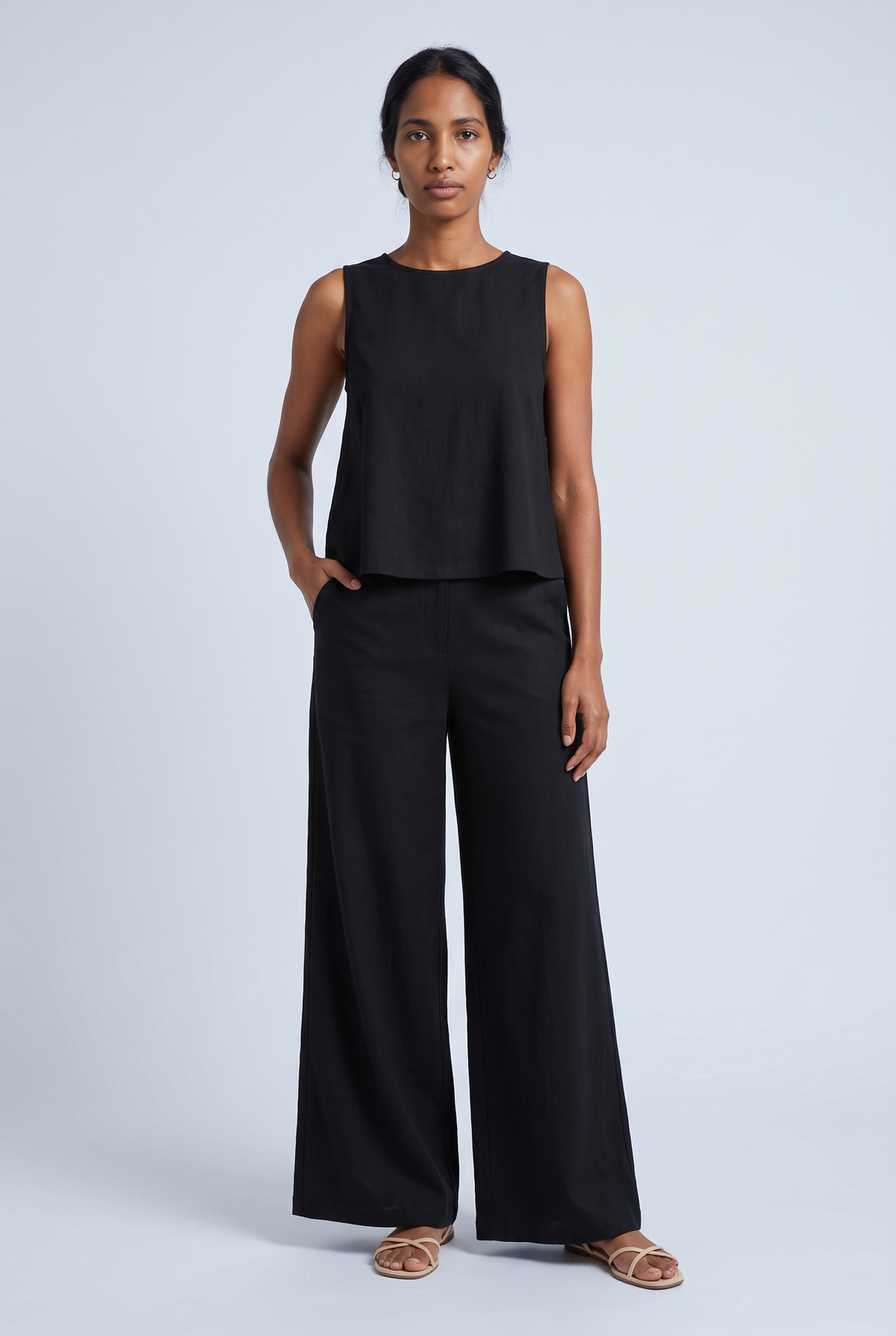 Wide Leg Two-Piece Lounge Set in black, studio front view, full length