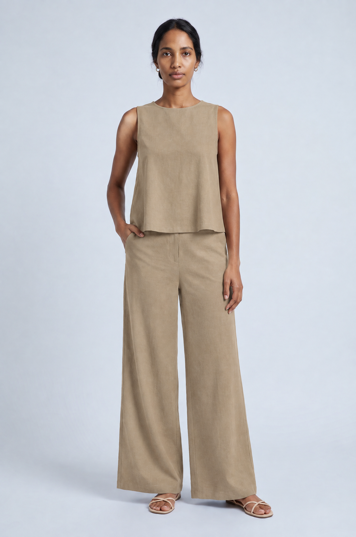 Wide Leg Two-Piece Lounge Set in khaki, studio front view, full length