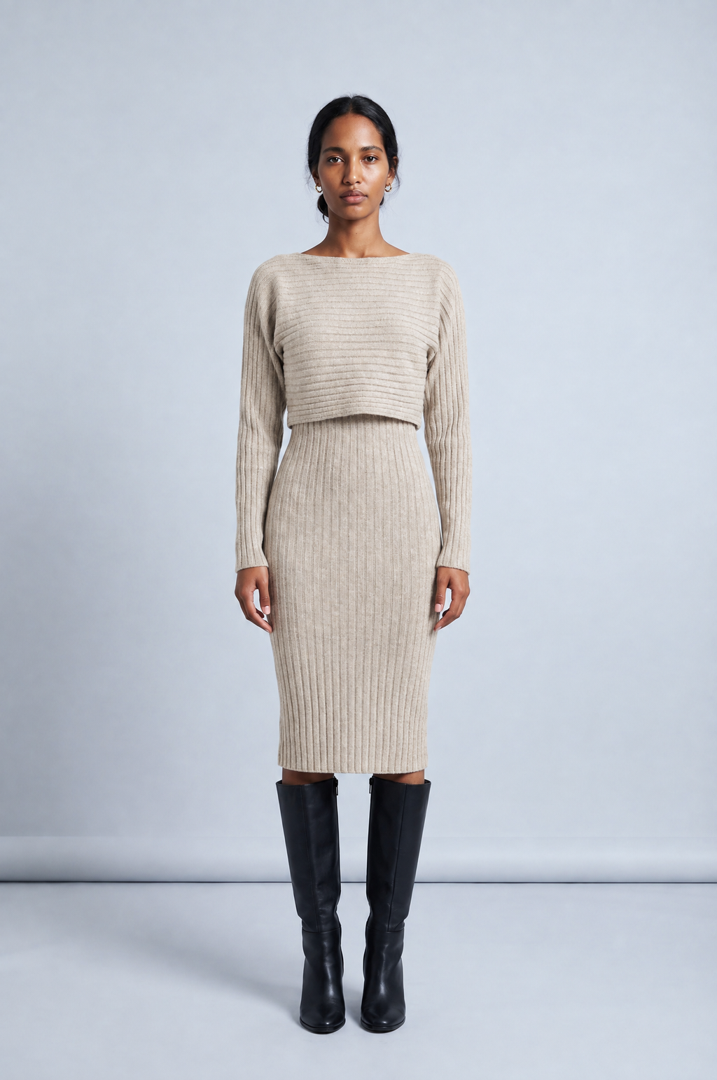Ribbed Knit Midi Dress and Crop Top Set in beige, studio front view, full length