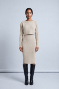 Ribbed Knit Midi Dress and Crop Top Set in beige, studio front view, full length