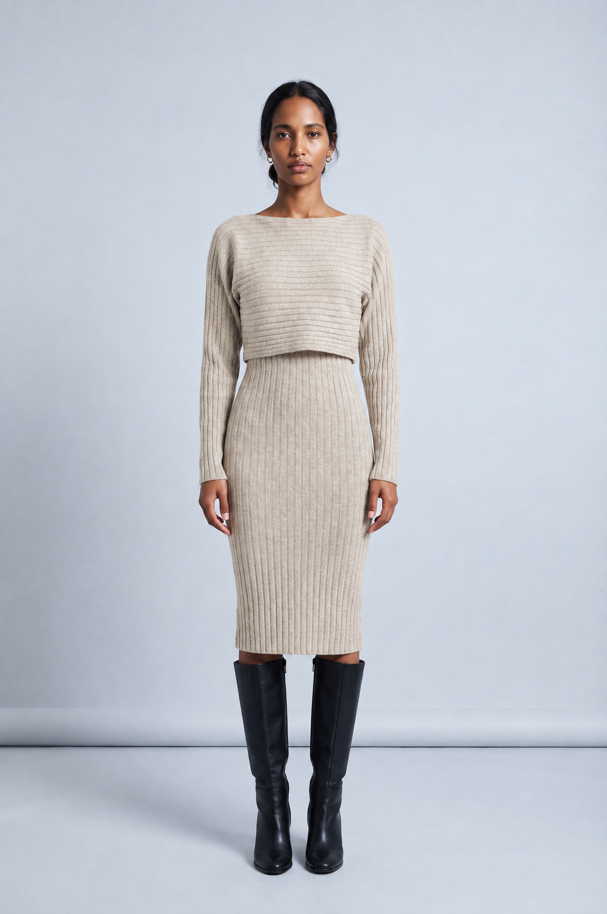 Ribbed Knit Midi Dress and Crop Top Set in beige, studio front view, full length