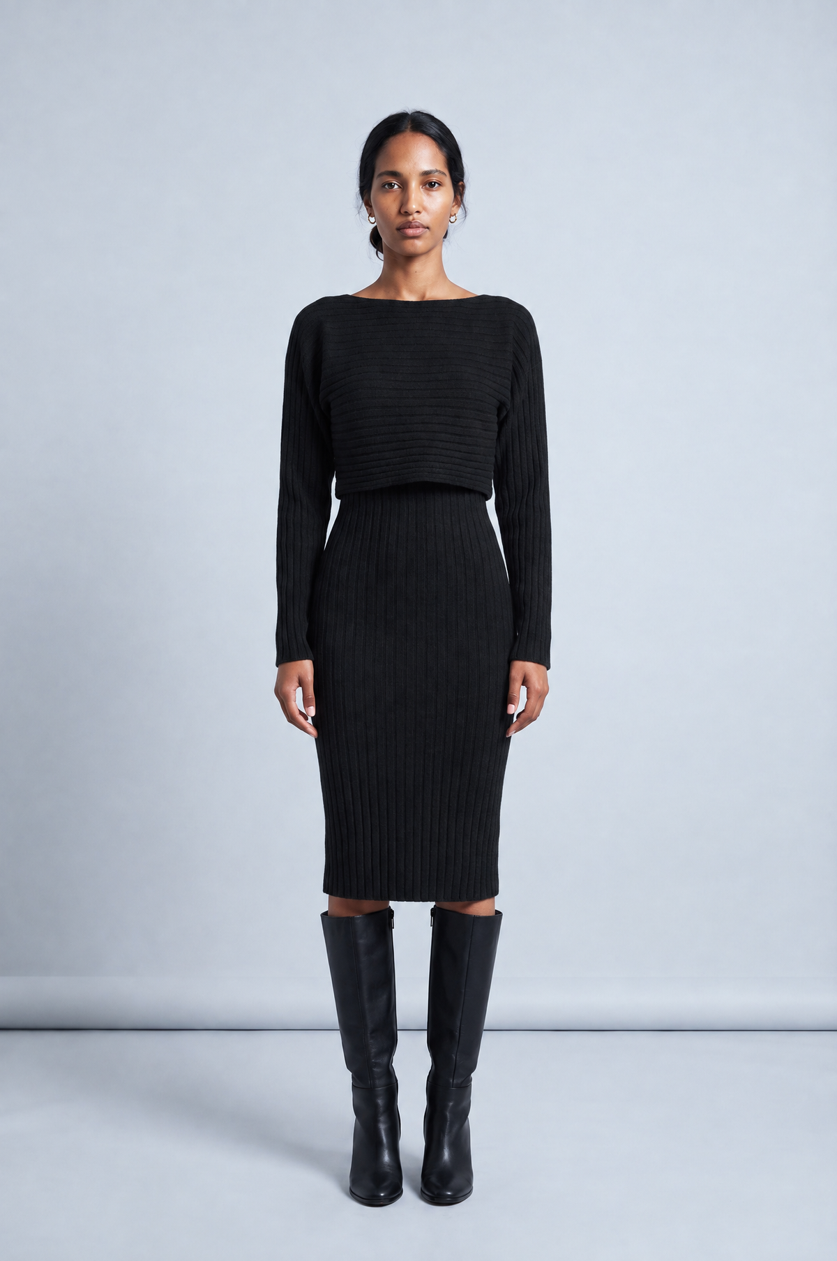 Ribbed Knit Midi Dress and Crop Top Set in black, studio front view, full length