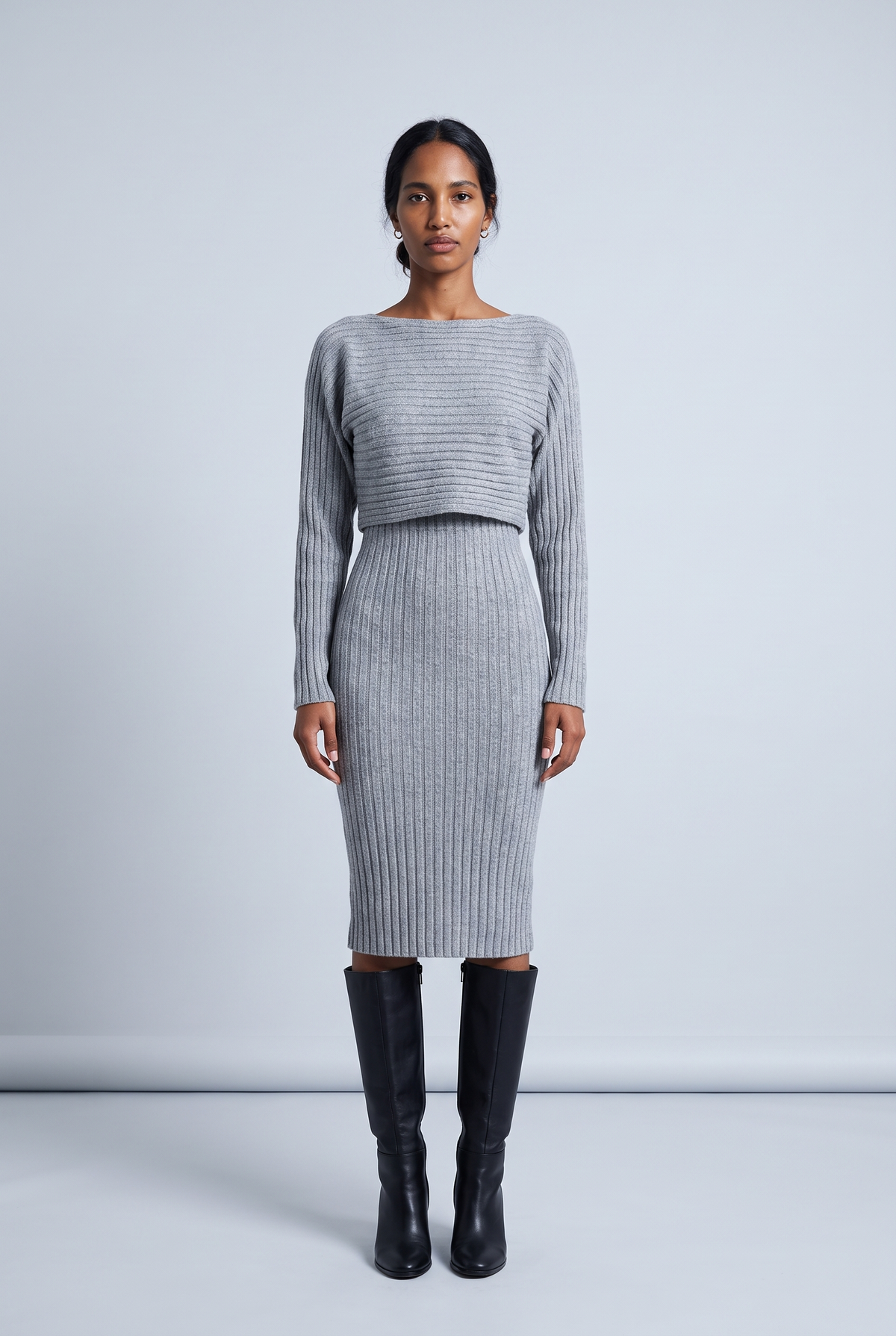 Ribbed Knit Midi Dress and Crop Top Set in grey, studio front view, full length